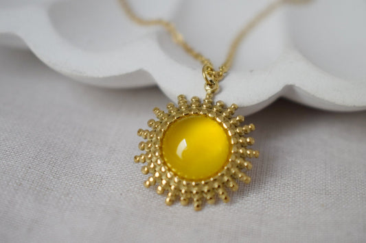 Yellow agate necklace, 14k gold plated stainless steel round sun pendant with adjustable necklace chain, Birthstone unique jewelry gift