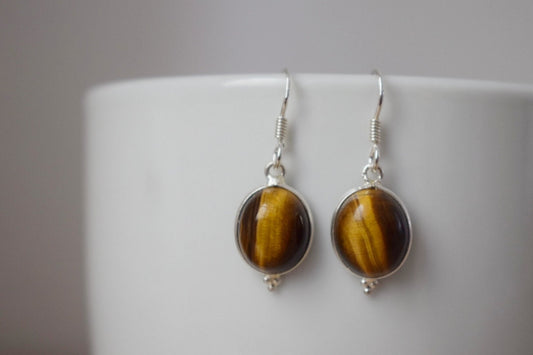 Tiger's eye earrings, Sterling silver gemstone jewelry, Oval natural stone, Lightweight dangle earrings, Unique mother's day gift for her