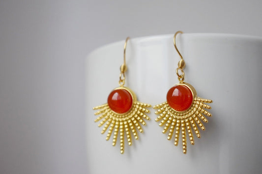 Red agate earrings with 18k gold plated stainless steel sun rays pendant and stainless steel earrings hooks, Sunburst, Celestial jewelry