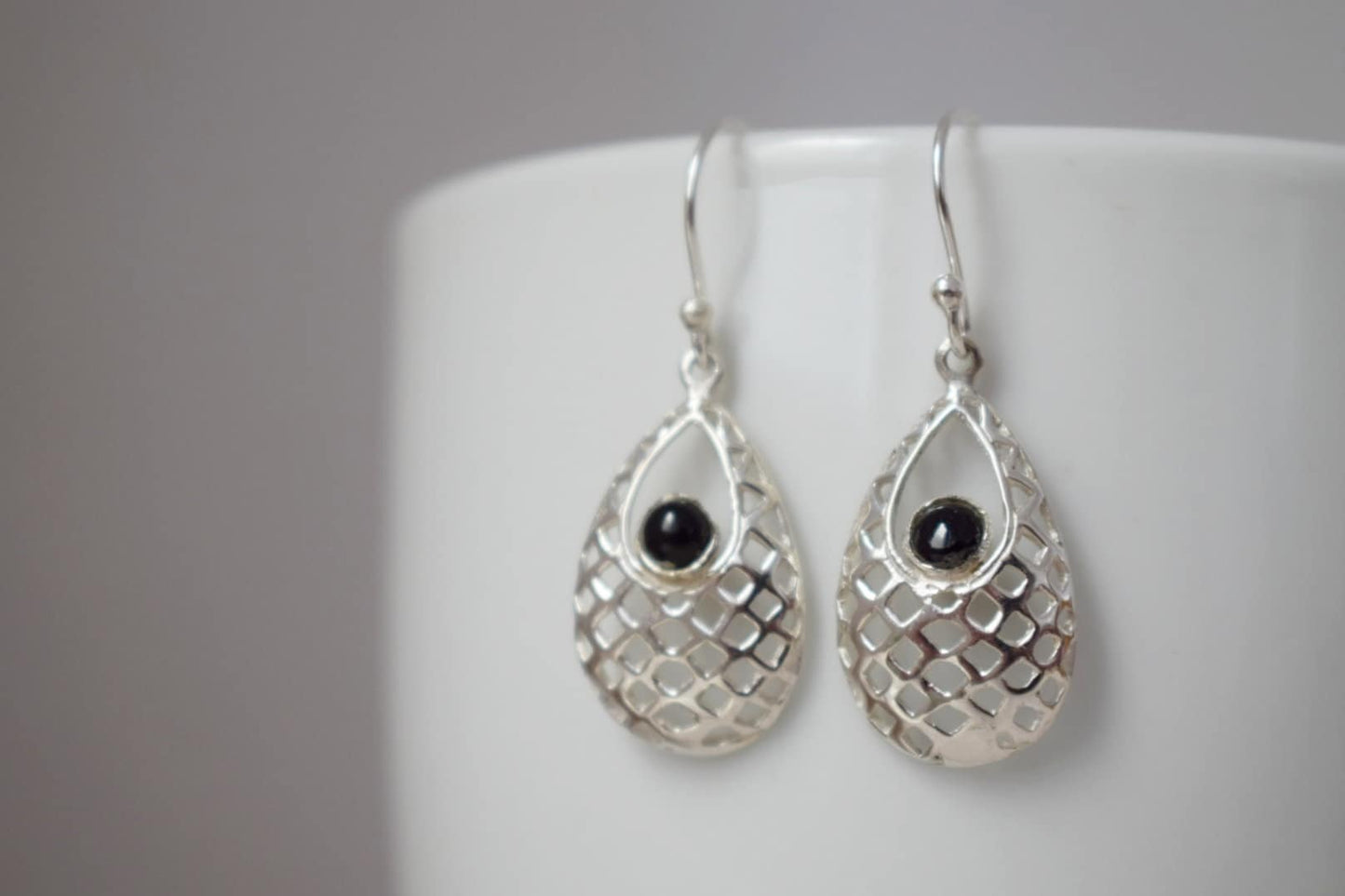 Black onyx dangle earrings with sterling silver teardrop ornament pendant and 925 silver earrings hooks, Boho gemstone jewelry, Gift for her