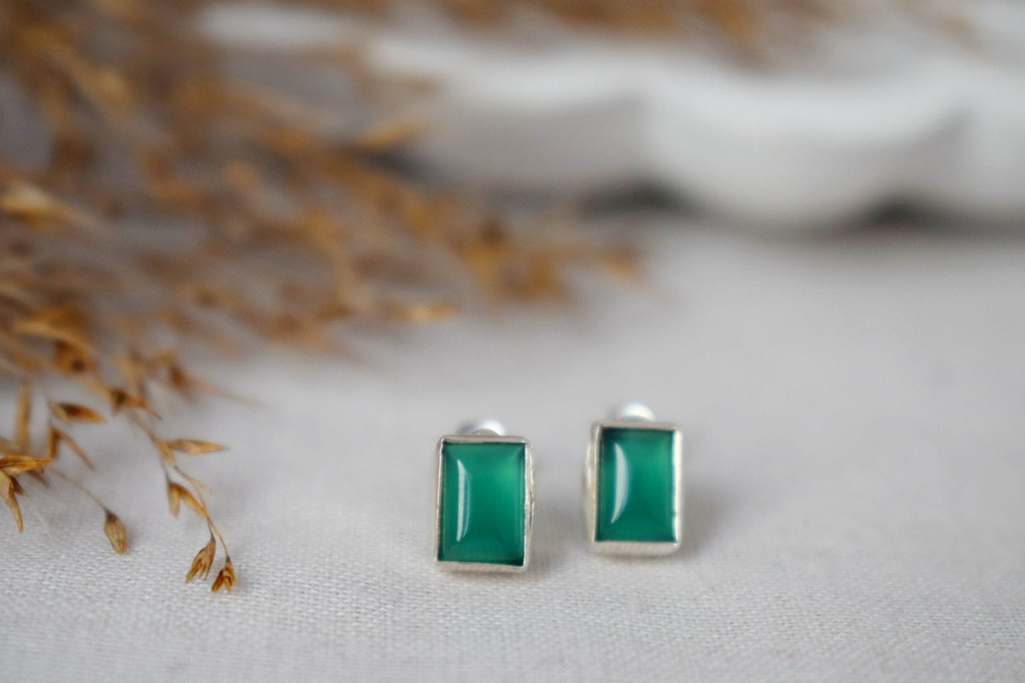 Green Onyx Sterling Silver Stud Earrings, Small Gemstone Jewelry, Natural Stone Minimalist Earrings, Lightweight Studs, Valentine's Day Gift