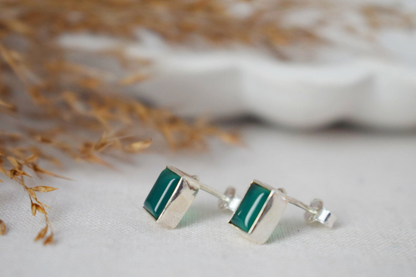 Green Onyx Sterling Silver Stud Earrings, Small Gemstone Jewelry, Natural Stone Minimalist Earrings, Lightweight Studs, Valentine's Day Gift