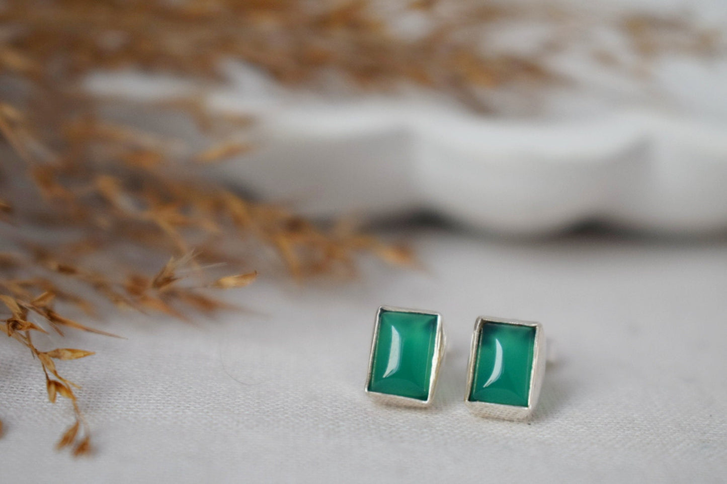Green Onyx Sterling Silver Stud Earrings, Small Gemstone Jewelry, Natural Stone Minimalist Earrings, Lightweight Studs, Valentine's Day Gift