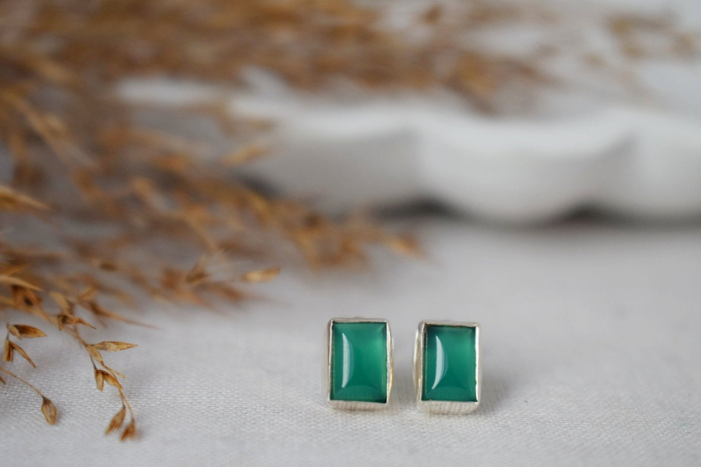 Green Onyx Sterling Silver Stud Earrings, Small Gemstone Jewelry, Natural Stone Minimalist Earrings, Lightweight Studs, Valentine's Day Gift