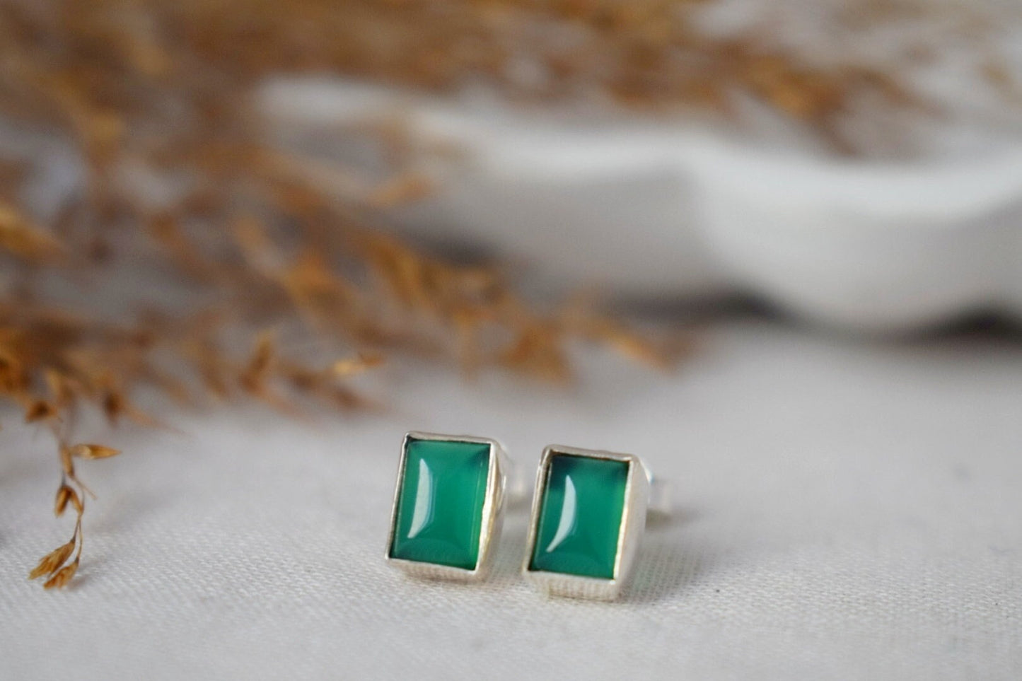 Green Onyx Sterling Silver Stud Earrings, Small Gemstone Jewelry, Natural Stone Minimalist Earrings, Lightweight Studs, Valentine's Day Gift
