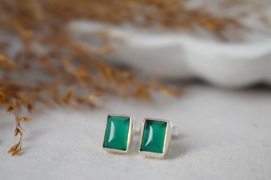 Green Onyx Sterling Silver Stud Earrings, Small Gemstone Jewelry, Natural Stone Minimalist Earrings, Lightweight Studs, Valentine's Day Gift