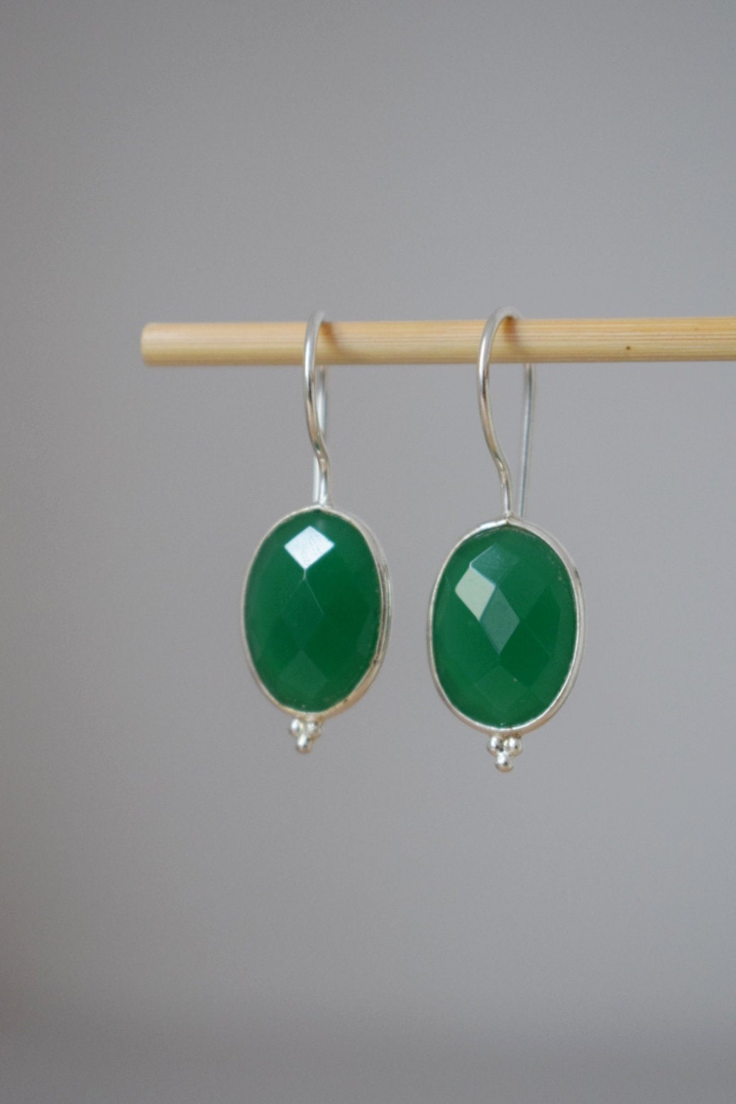 Green onyx earrings, 925 Sterling silver gemstone earrings, Oval faceted natural stone, Unique boho jewelry, Best christmas gift