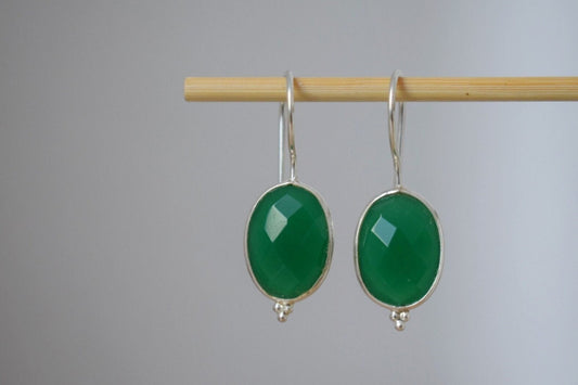 Green onyx earrings, 925 Sterling silver gemstone earrings, Oval faceted natural stone, Unique boho jewelry, Best christmas gift