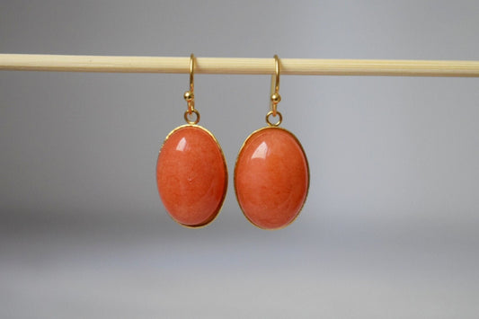 Orange Jade Earrings, Orange Gold Color, Oval Gemstone Hanging Earrings, Orange Pendant, Dangle Stone Earrings For Women, Jewelry Gift