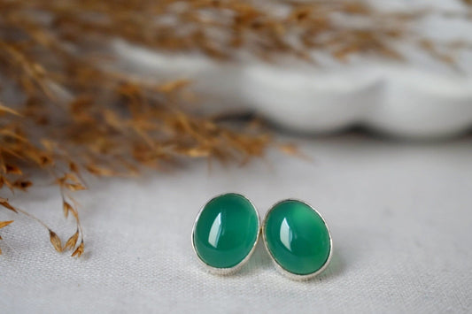 Green Onyx Stud Earrings Sterling Silver, Small Oval Gemstone Push Back Earrings, Birthstone 925 Silver Jewelry, Best valentine's day gift