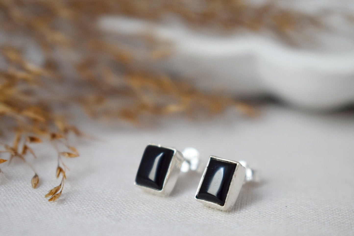 Small Black Agate Stud Earrings in Sterling Silver, Rectangle Gemstone Earrings, Birthstone 925 Silver Jewelry, Best christmas gift