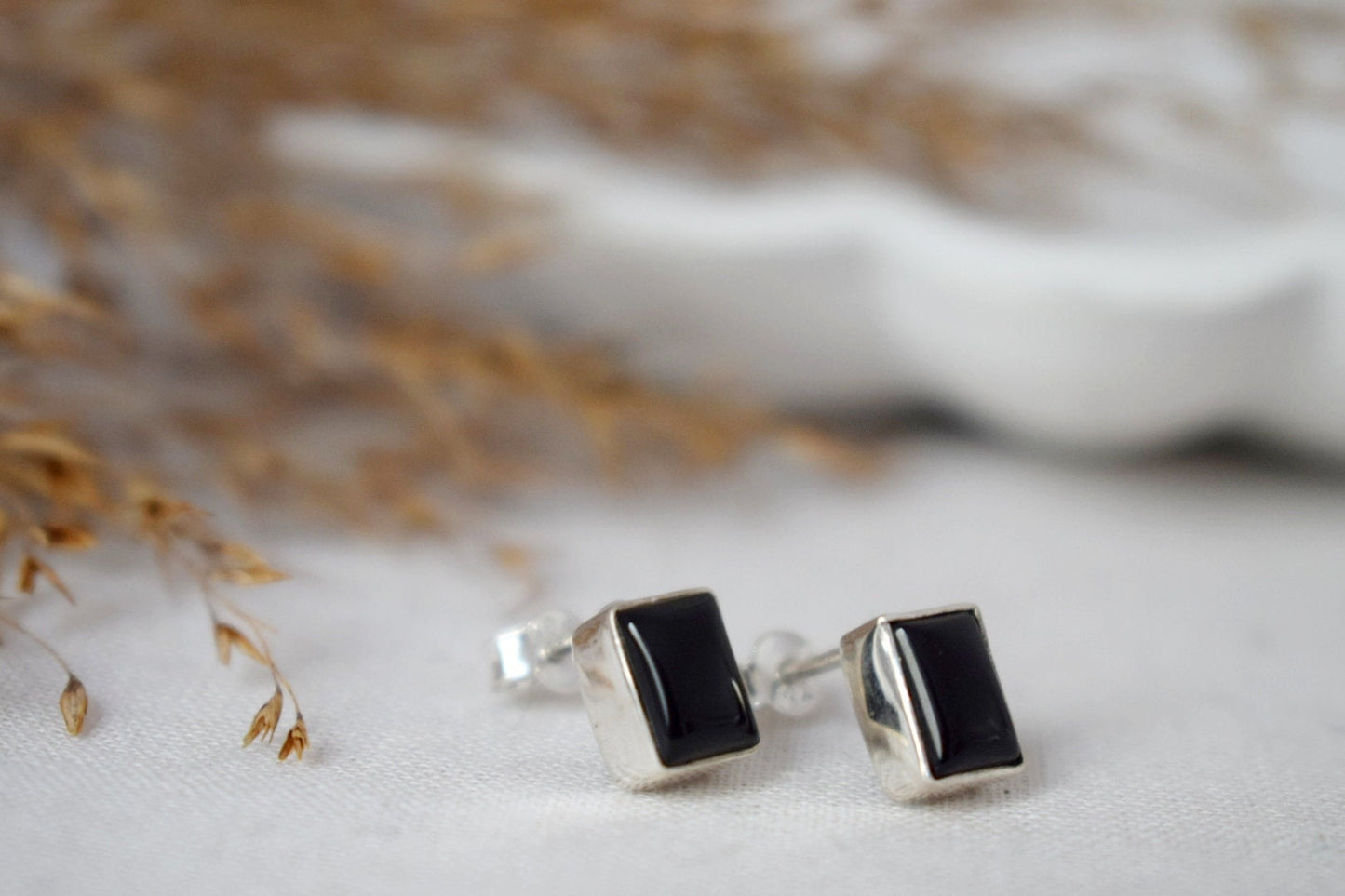 Small Black Agate Stud Earrings in Sterling Silver, Rectangle Gemstone Earrings, Birthstone 925 Silver Jewelry, Best christmas gift