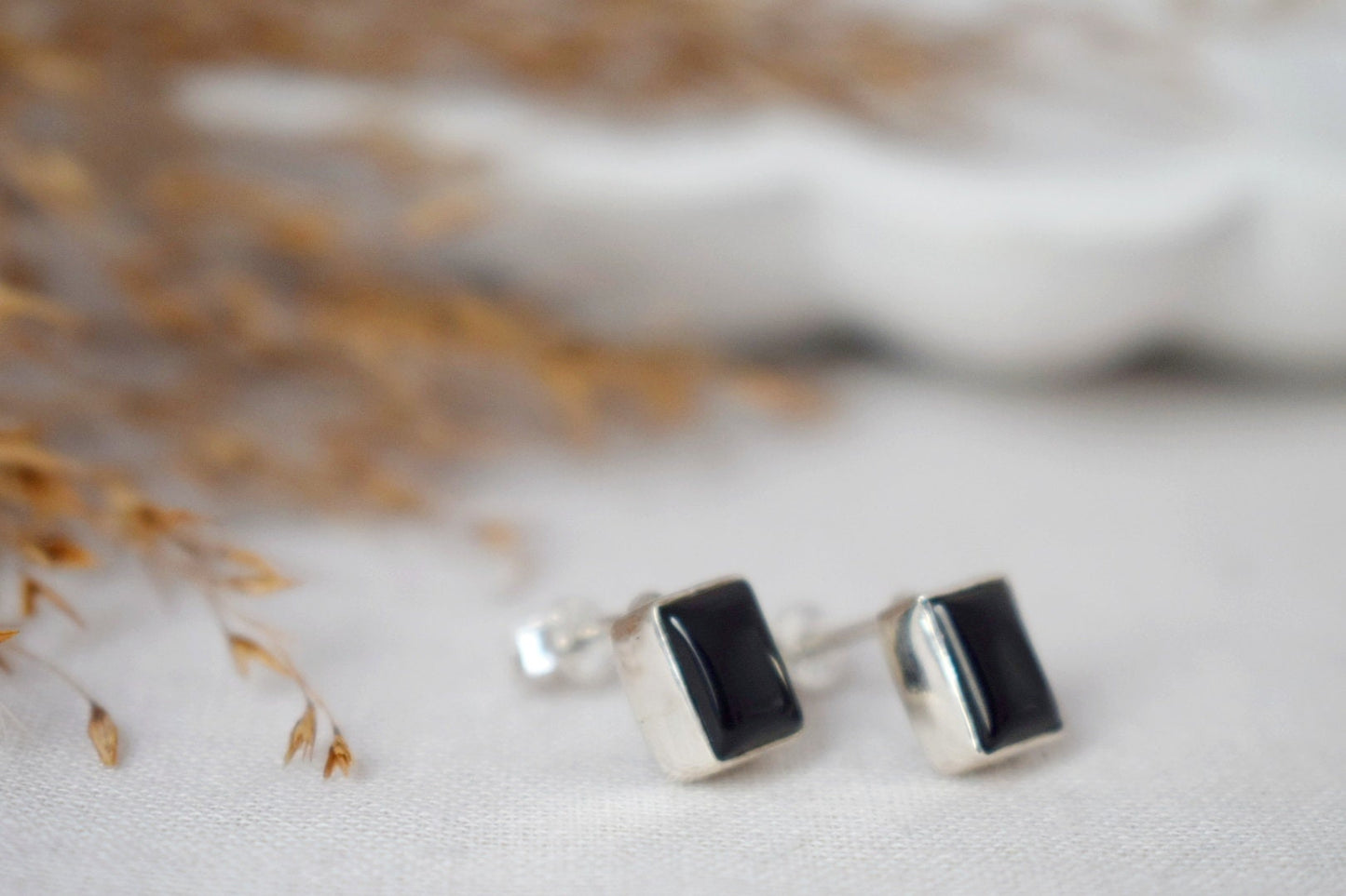 Small Black Agate Stud Earrings in Sterling Silver, Rectangle Gemstone Earrings, Birthstone 925 Silver Jewelry, Best christmas gift