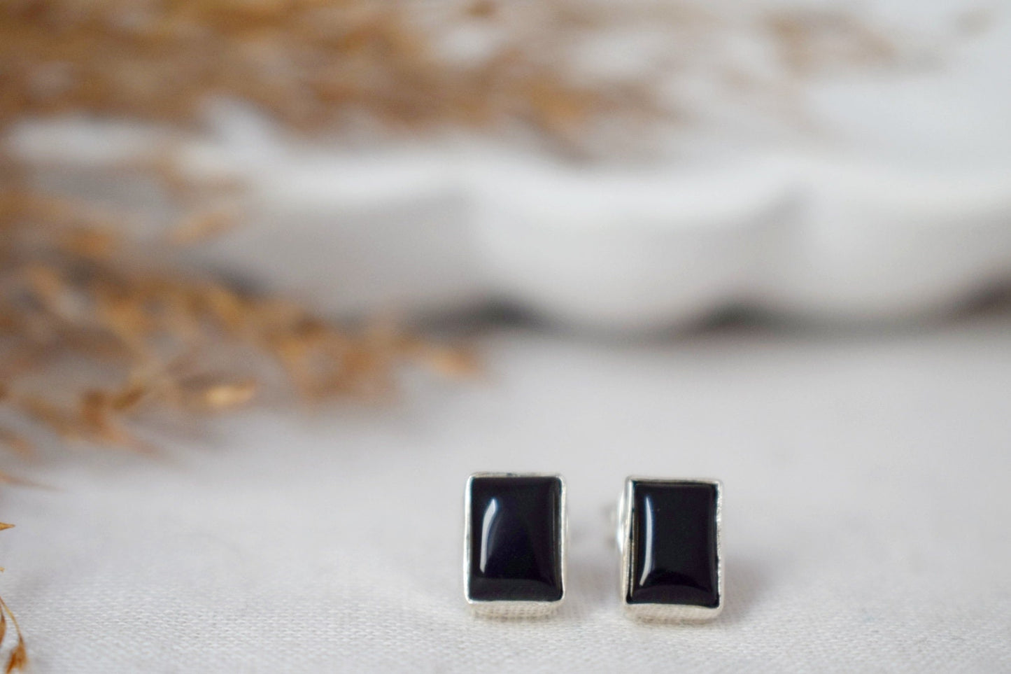 Small Black Agate Stud Earrings in Sterling Silver, Rectangle Gemstone Earrings, Birthstone 925 Silver Jewelry, Best christmas gift