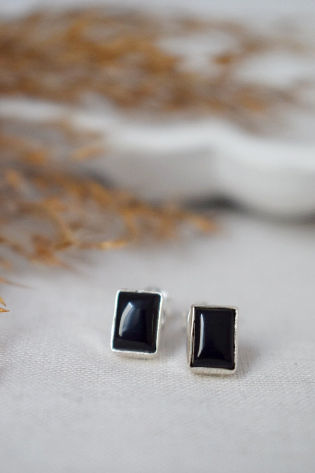 Small Black Agate Stud Earrings in Sterling Silver, Rectangle Gemstone Earrings, Birthstone 925 Silver Jewelry, Best christmas gift