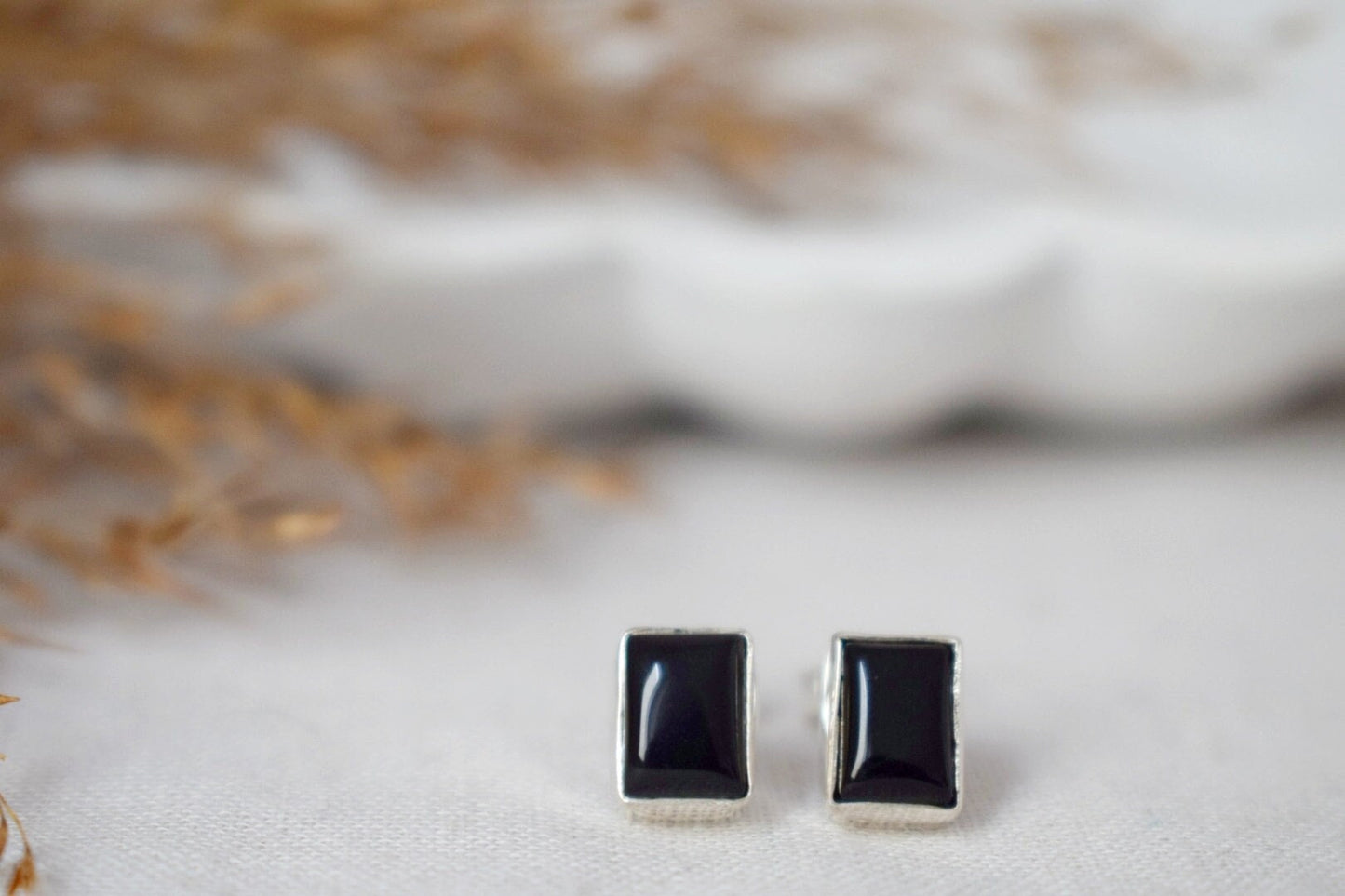 Small Black Agate Stud Earrings in Sterling Silver, Rectangle Gemstone Earrings, Birthstone 925 Silver Jewelry, Best christmas gift