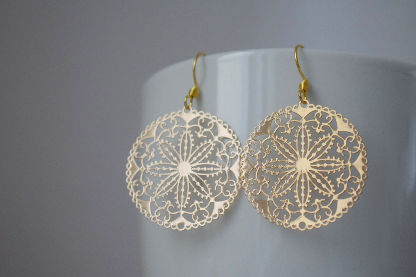 Ornament earrings for women, Mandala gold earrings, Stainless steel earrings, Boho filigree flower earrings, Mandala jewelry, Gift for her