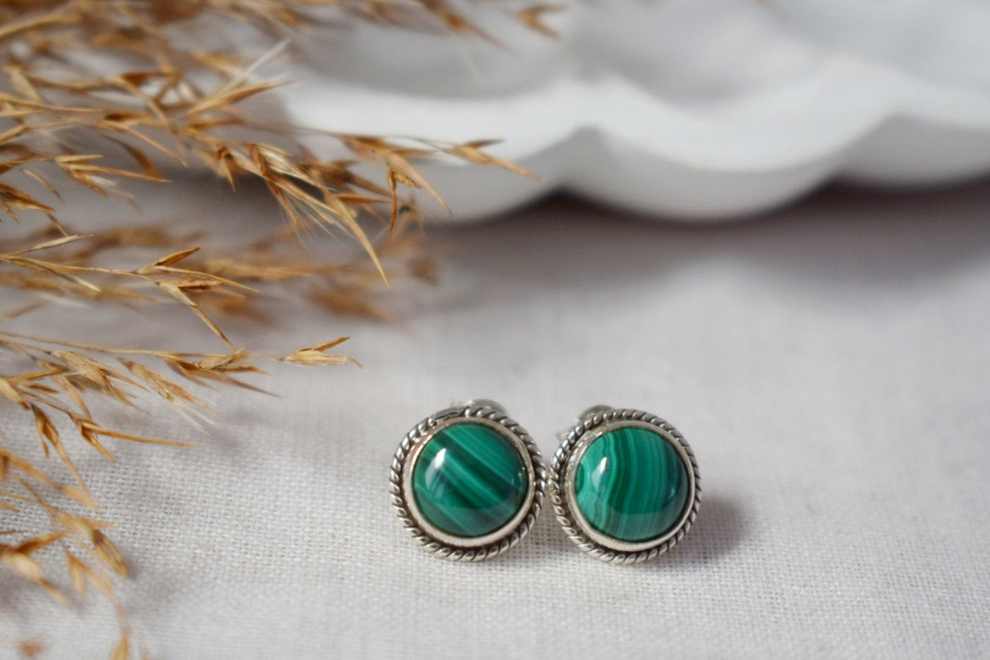 Natural Malachite Stud Earrings, 925 Sterling Silver Ornament Studs, Round Green Gemstone, Birthstone Jewelry, Handmade Gift for Her