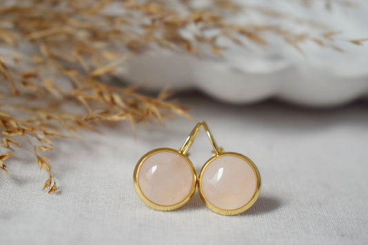 Rose quartz earrings dangle, 10mm, Gemstone round gold plated stainless steel lever back earrings, Jewelry gift for her