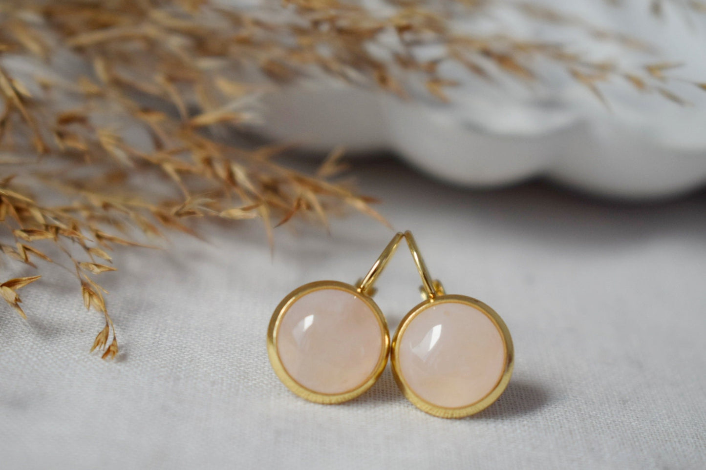 Rose quartz earrings dangle, 10mm, Gemstone round gold plated stainless steel lever back earrings, Jewelry gift for her