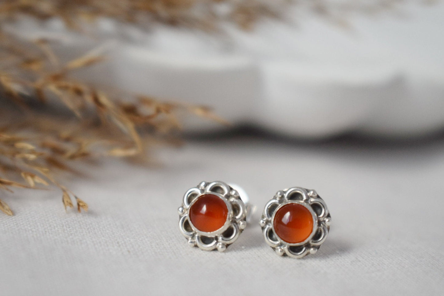 Small Carnelian Stud Earrings Sterling Silver, Flower Gemstone, Natural stone push back earrings, Birthstone Jewelry, Mother's day gift