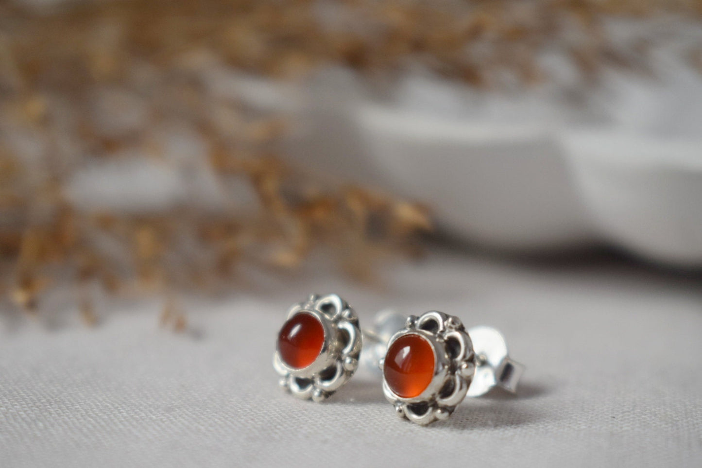Small Carnelian Stud Earrings Sterling Silver, Flower Gemstone, Natural stone push back earrings, Birthstone Jewelry, Mother's day gift