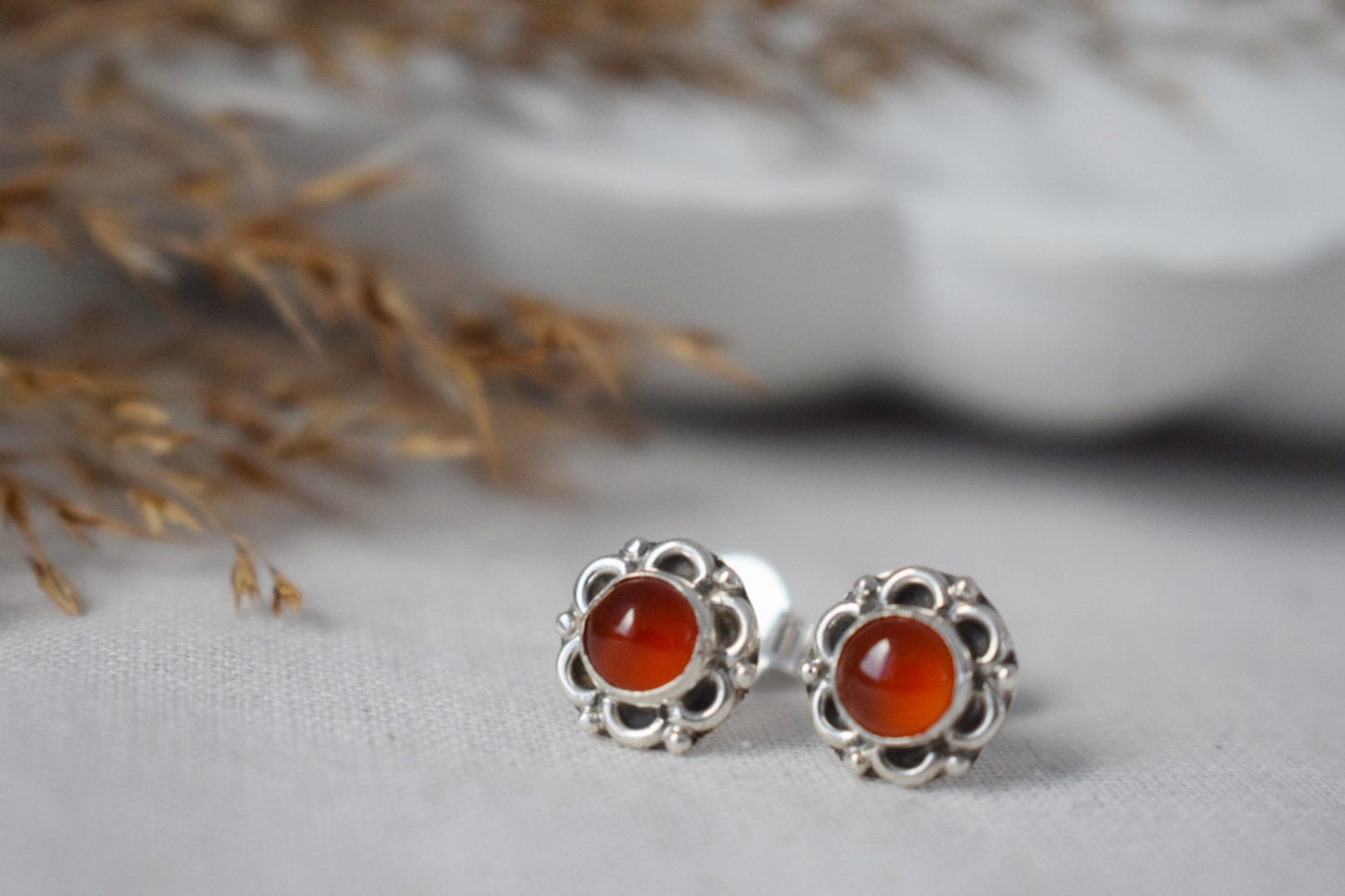 Small Carnelian Stud Earrings Sterling Silver, Flower Gemstone, Natural stone push back earrings, Birthstone Jewelry, Mother's day gift