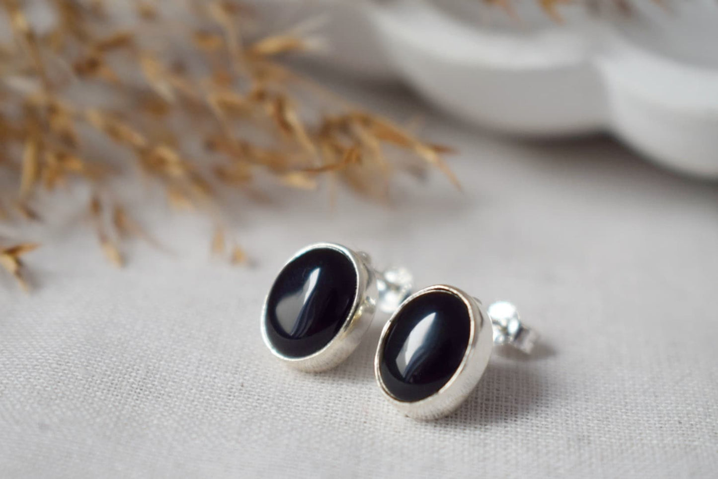 Black Onyx Stud Earrings, Minimalist 925 Sterling Silver Jewelry, Small Oval Gemstone Push Back Earrings, Natural Stone, Best Birthday Gift