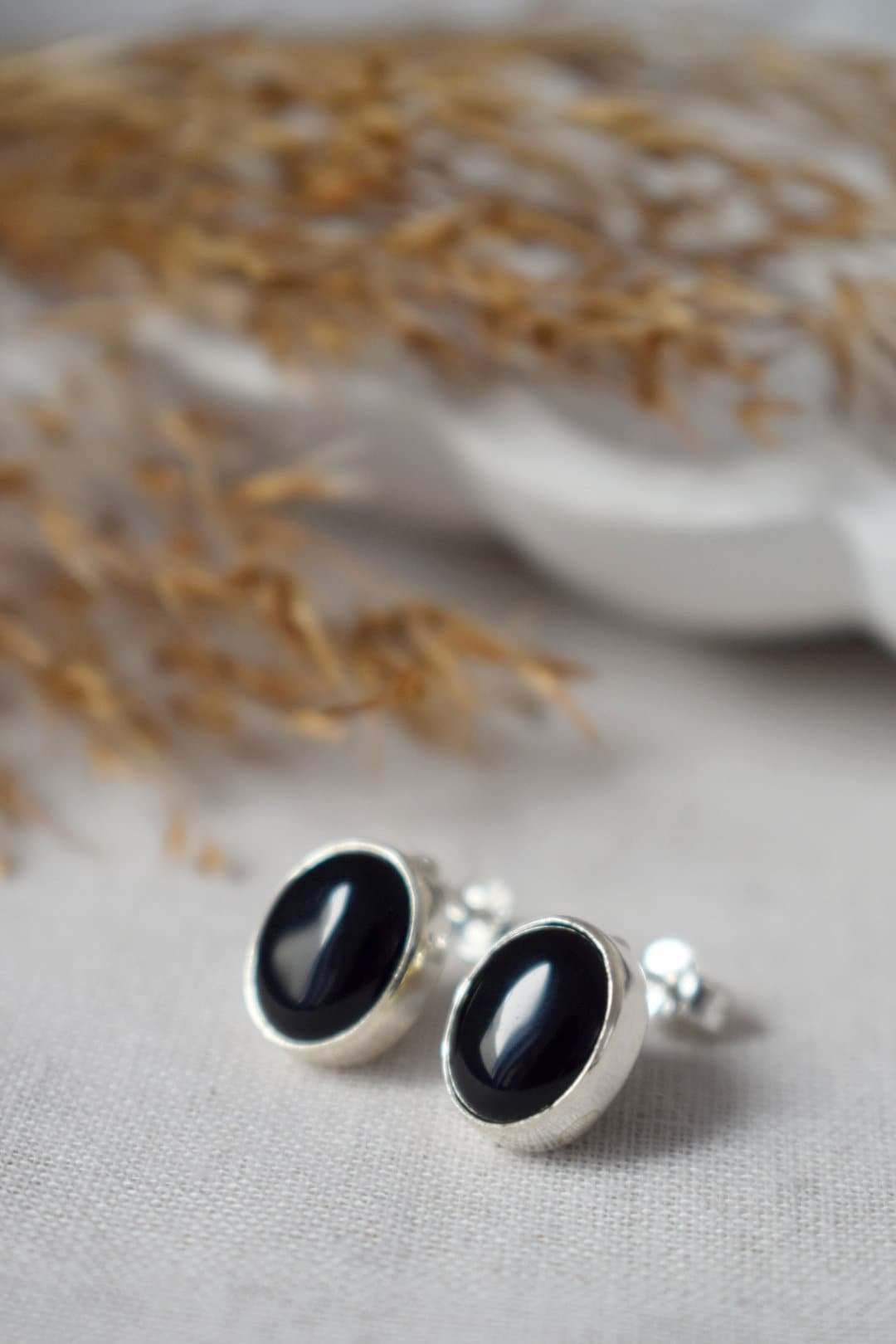Black Onyx Stud Earrings, Minimalist 925 Sterling Silver Jewelry, Small Oval Gemstone Push Back Earrings, Natural Stone, Best Birthday Gift