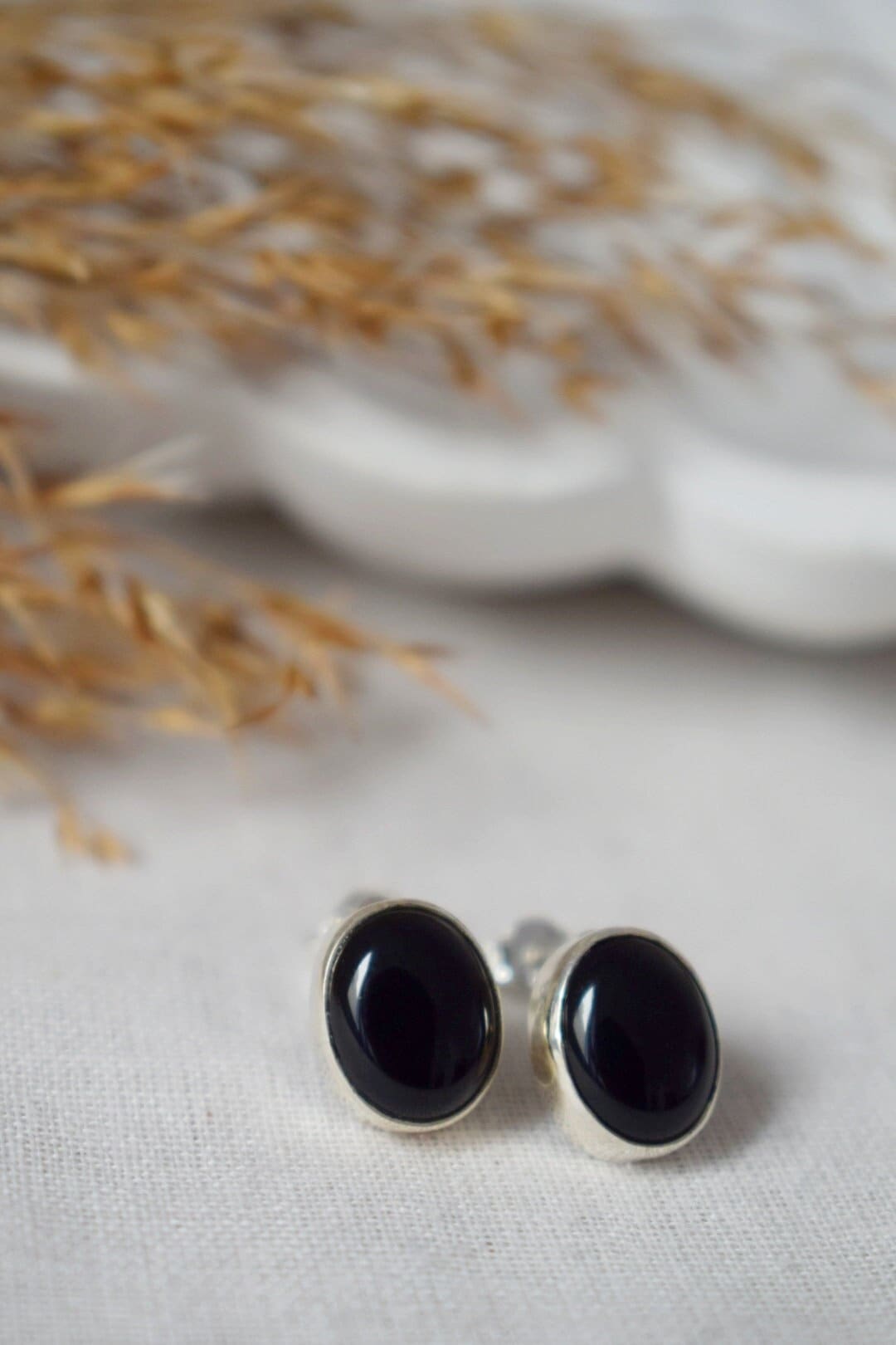 Black Onyx Stud Earrings, Minimalist 925 Sterling Silver Jewelry, Small Oval Gemstone Push Back Earrings, Natural Stone, Best Birthday Gift