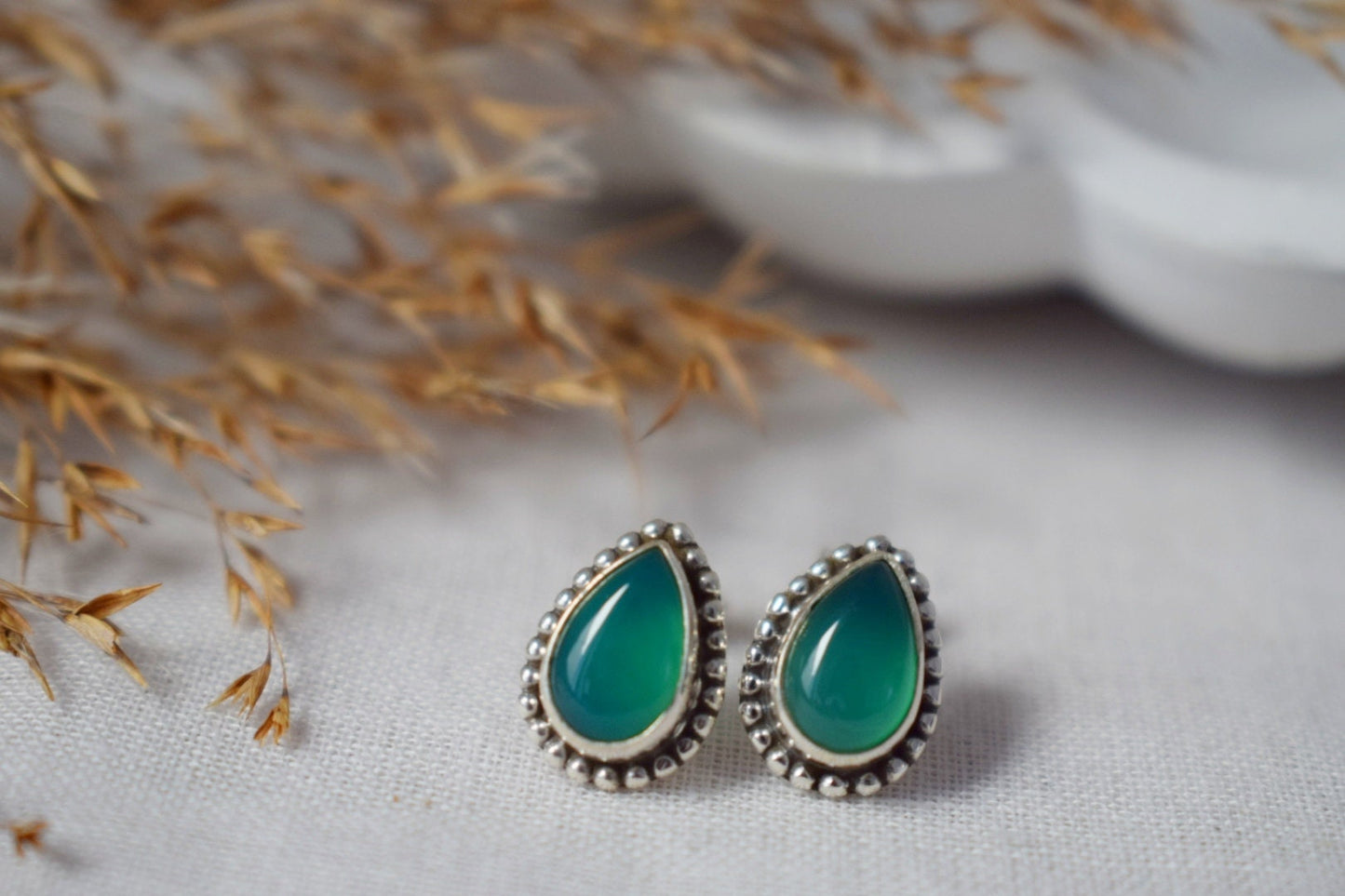 Teardrop Green Onyx Stud Earrings in 925 Sterling Silver, Small Drop Gemstone Studs For Her, Unique natural stone Jewelry, Mothers day gift