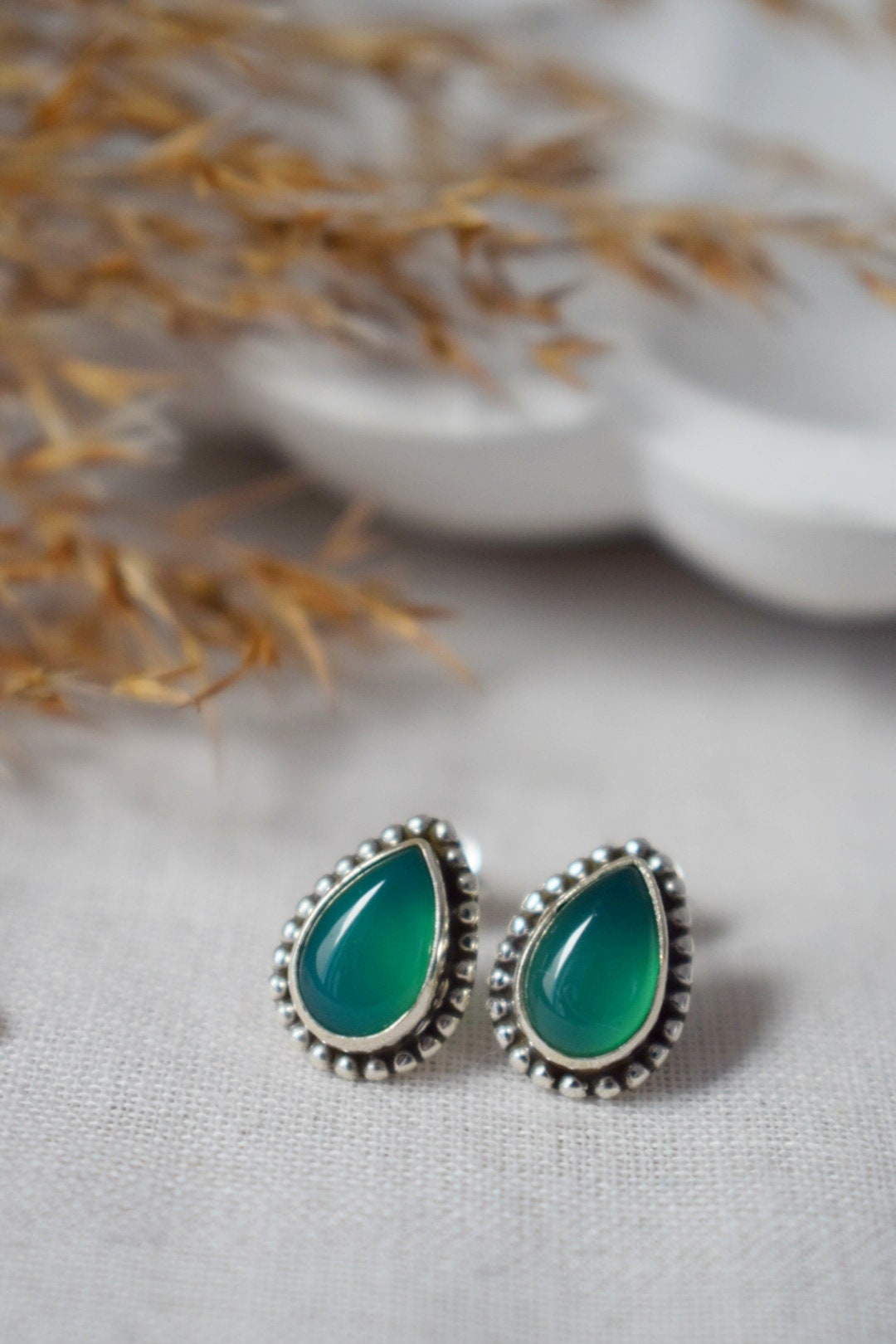 Teardrop Green Onyx Stud Earrings in 925 Sterling Silver, Small Drop Gemstone Studs For Her, Unique natural stone Jewelry, Mothers day gift