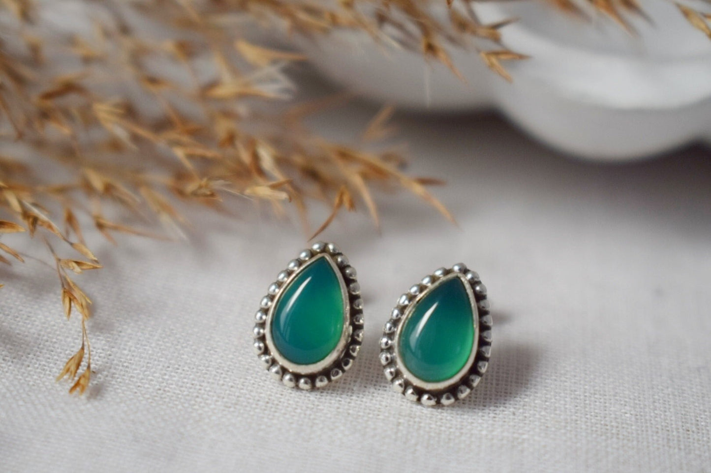 Teardrop Green Onyx Stud Earrings in 925 Sterling Silver, Small Drop Gemstone Studs For Her, Unique natural stone Jewelry, Mothers day gift