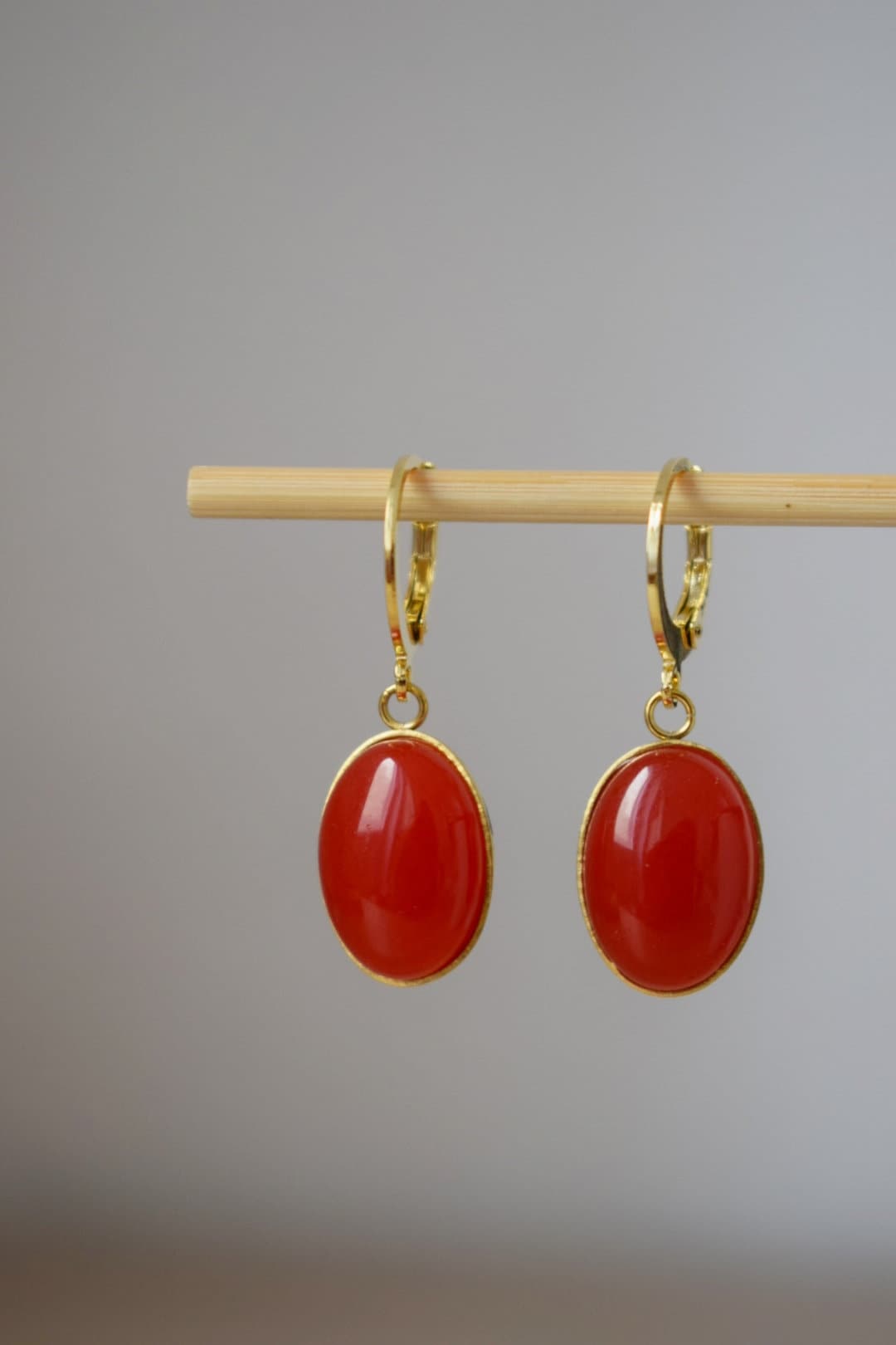 Jade red dangle earrings, Red gold gemstone huggie earrings, Hanging oval earrings, Red earrings for women, Jade jewelry, Gift for her