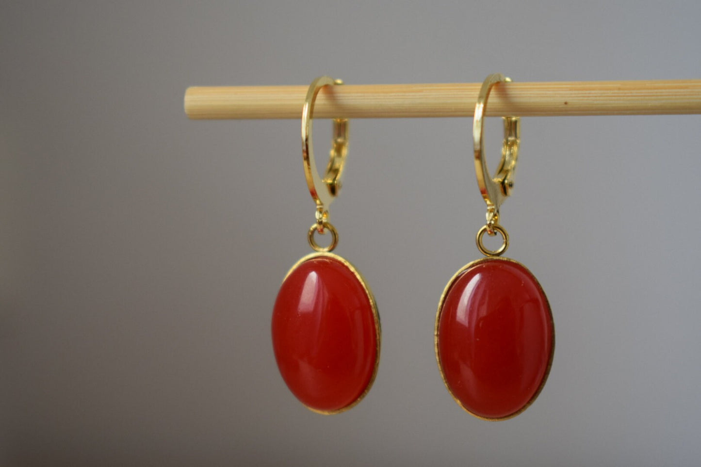 Jade red dangle earrings, Red gold gemstone huggie earrings, Hanging oval earrings, Red earrings for women, Jade jewelry, Gift for her