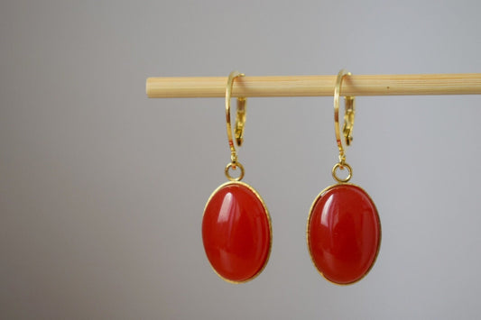 Jade red dangle earrings, Red gold gemstone huggie earrings, Hanging oval earrings, Red earrings for women, Jade jewelry, Gift for her