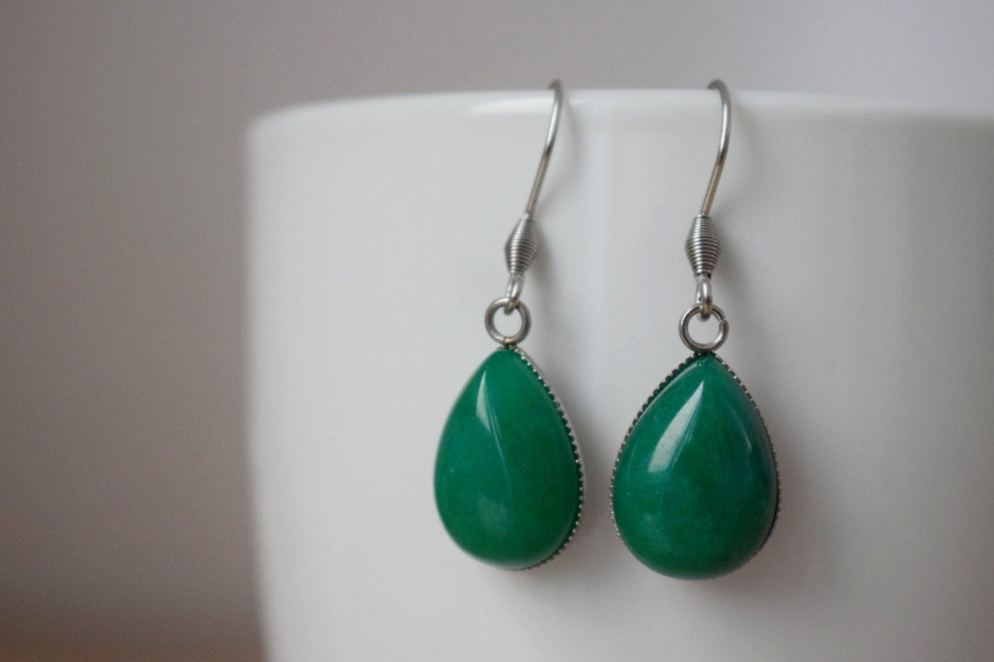 Green jade teardrop earrings, Gemstone dangle and drop hanging earrings, Jade jewelry, Gift for womenBest christmas gift