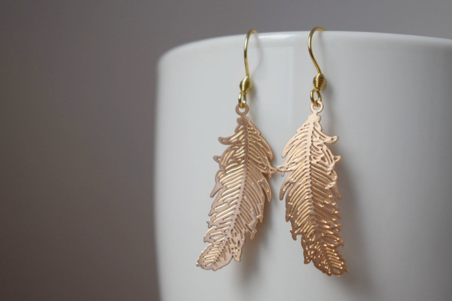 Feather gold earrings for women, 18k gold plated stainless steel ear hooks, Boho filigree gold earrings, Feather jewelry, Gift for her