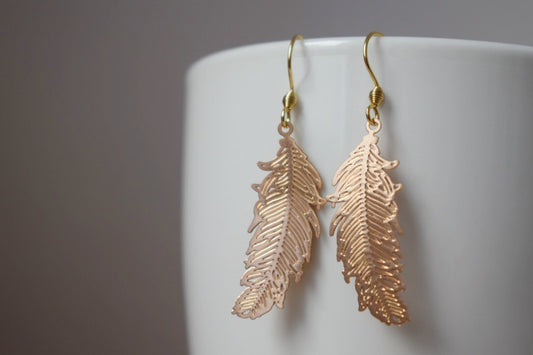 Feather gold earrings for women, 18k gold plated stainless steel ear hooks, Boho filigree gold earrings, Feather jewelry, Gift for her