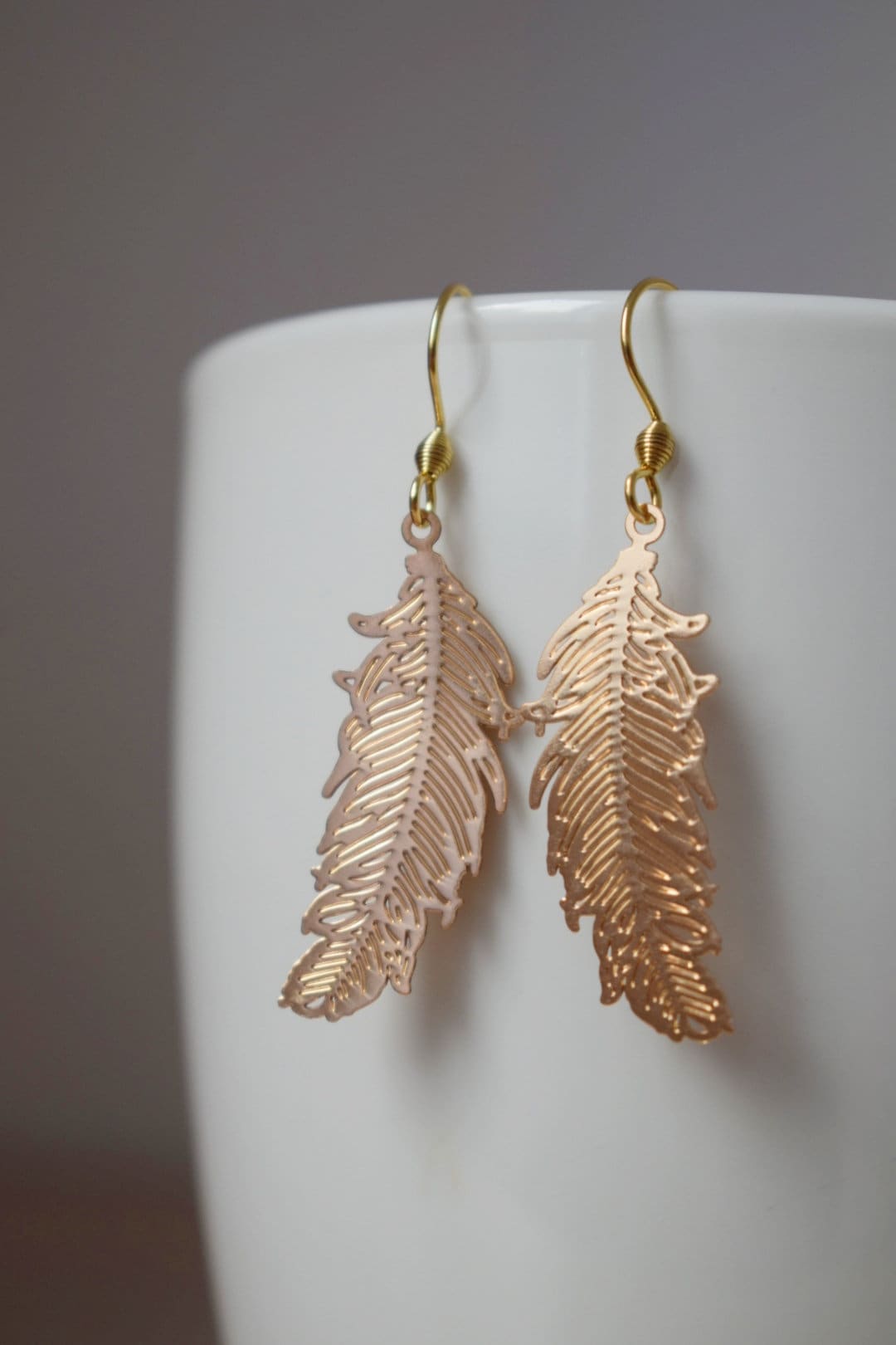 Feather gold earrings for women, 18k gold plated stainless steel ear hooks, Boho filigree gold earrings, Feather jewelry, Gift for her
