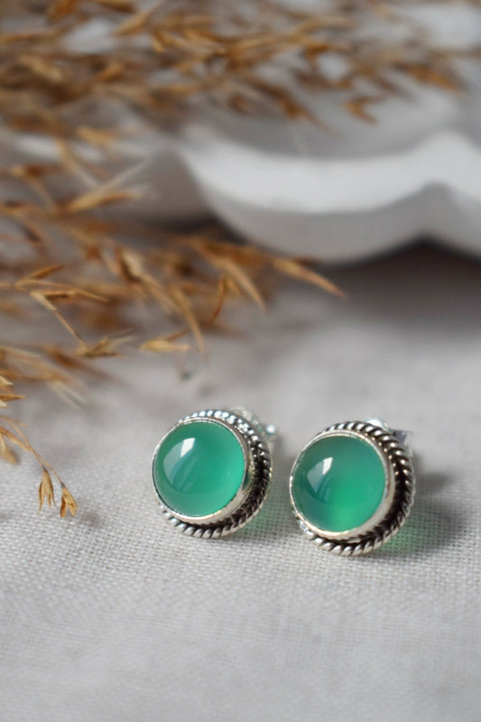 Green Onyx Stud Earrings Sterling Silver, Small Round Gemstone Push Back Earrings, Natural stone, Minimalist Earrings, Handmade Jewelry