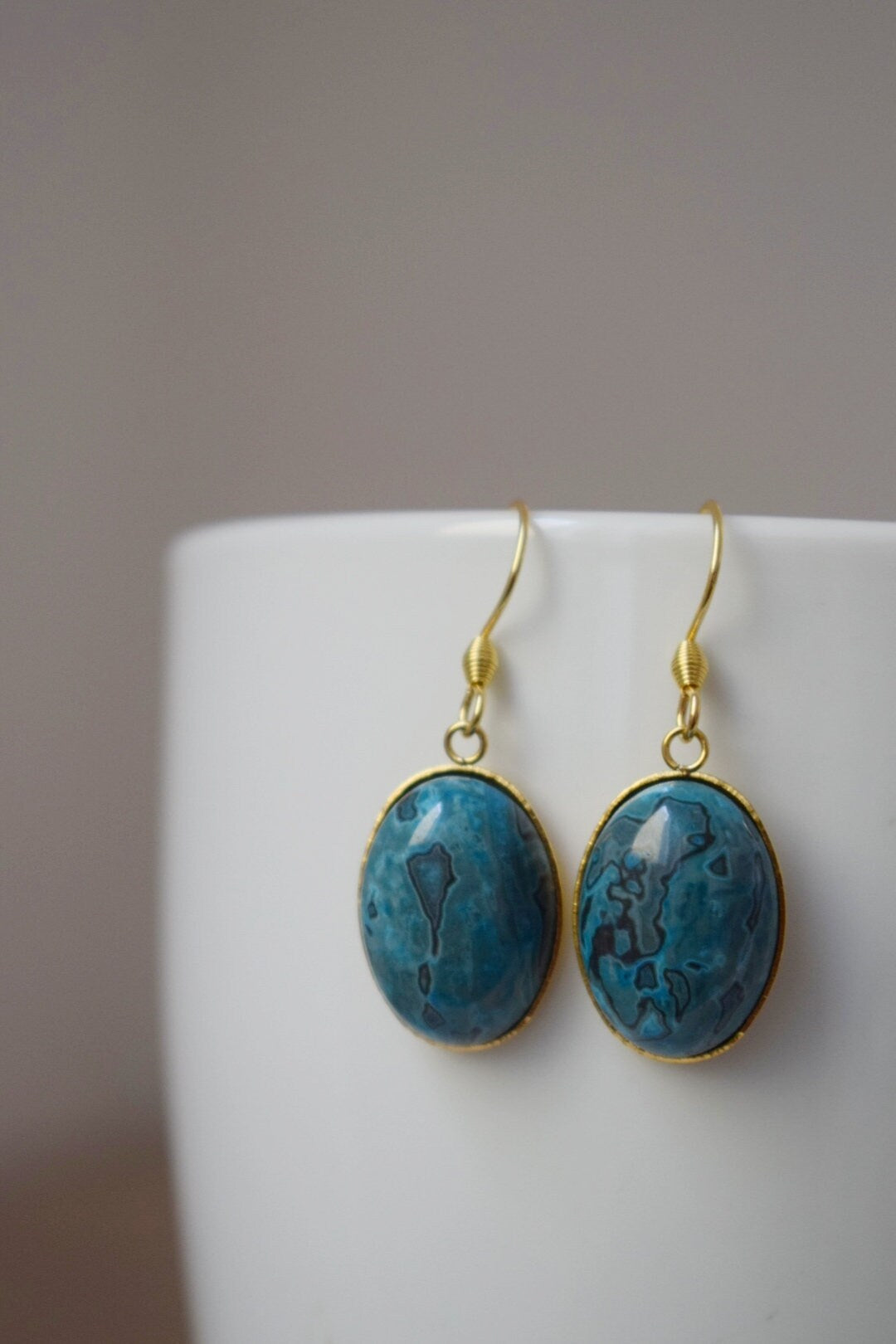 Jasper Earrings Gold Dangle, Gemstone Oval Earrings, Blue Dangle Earrings, Jasper Jewelry, Stone Earrings, Boho Earrings, Boho Jewelry