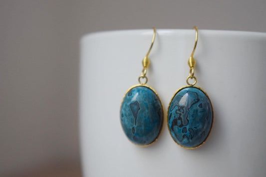 Jasper Earrings Gold Dangle, Gemstone Oval Earrings, Blue Dangle Earrings, Jasper Jewelry, Stone Earrings, Boho Earrings, Boho Jewelry