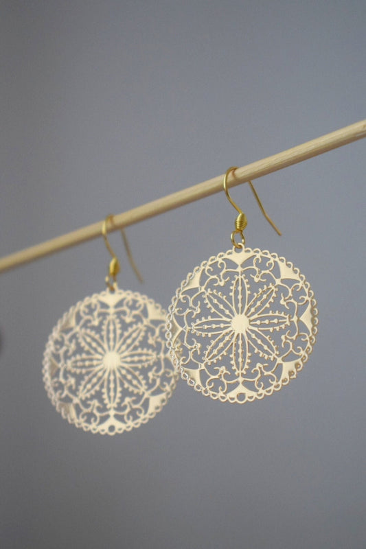 Ornament earrings for women, Mandala gold earrings, Stainless steel earrings, Boho filigree flower earrings, Mandala jewelry, Gift for her