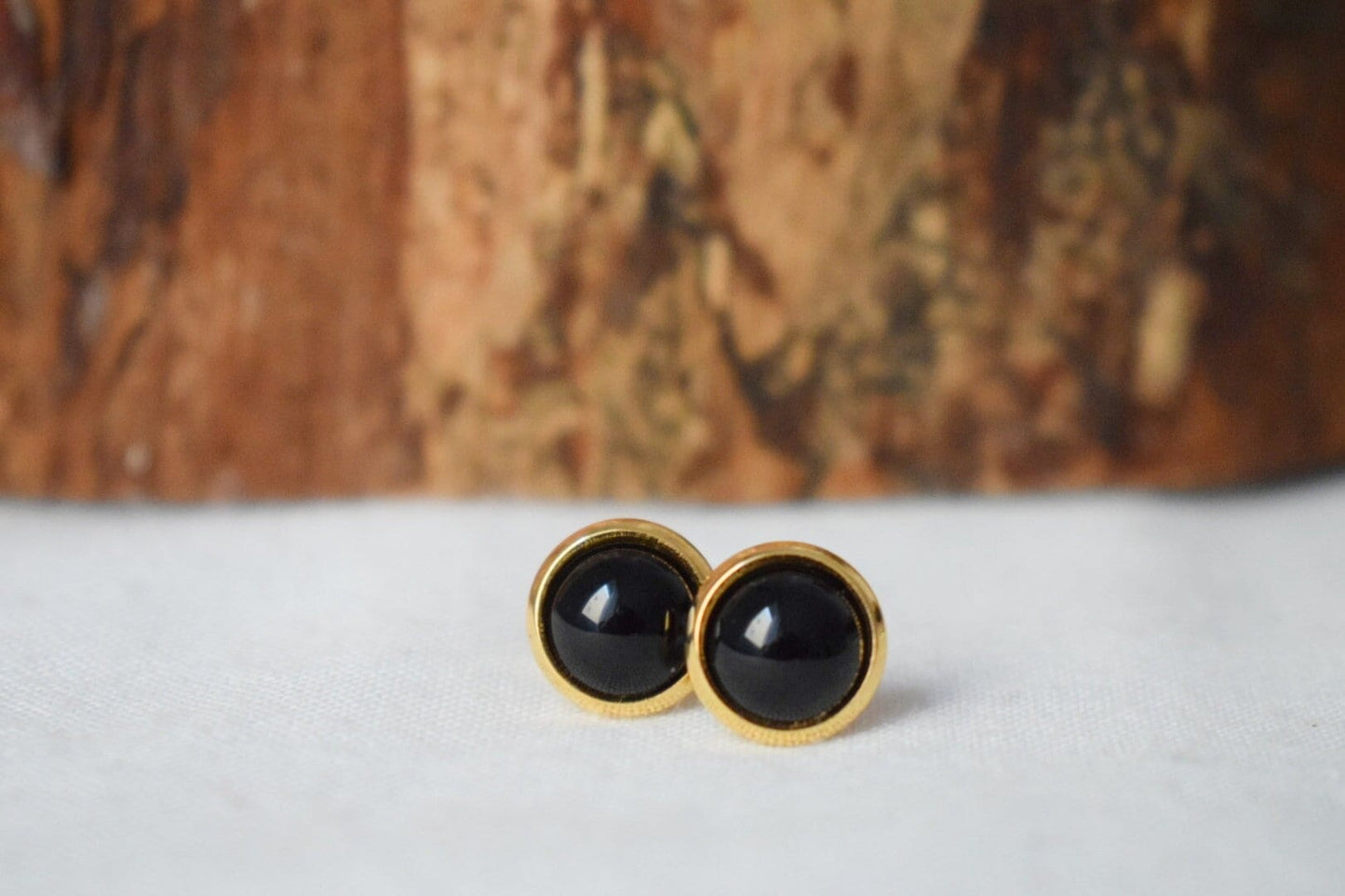 Black agate stud earrings, 18k gold plated stainless steel studs, 10mm gemstone round push backs, Small post earrings, Unisex jewelry gift