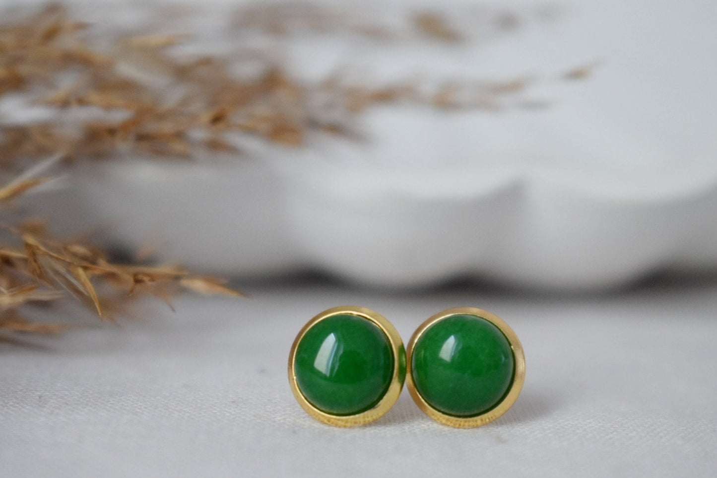 Green Jade Stud Earrings, 8mm Minimalist Gemstone Earrings, 18k Gold Plated Jewelry, Birthday Anniversary Gift For Her