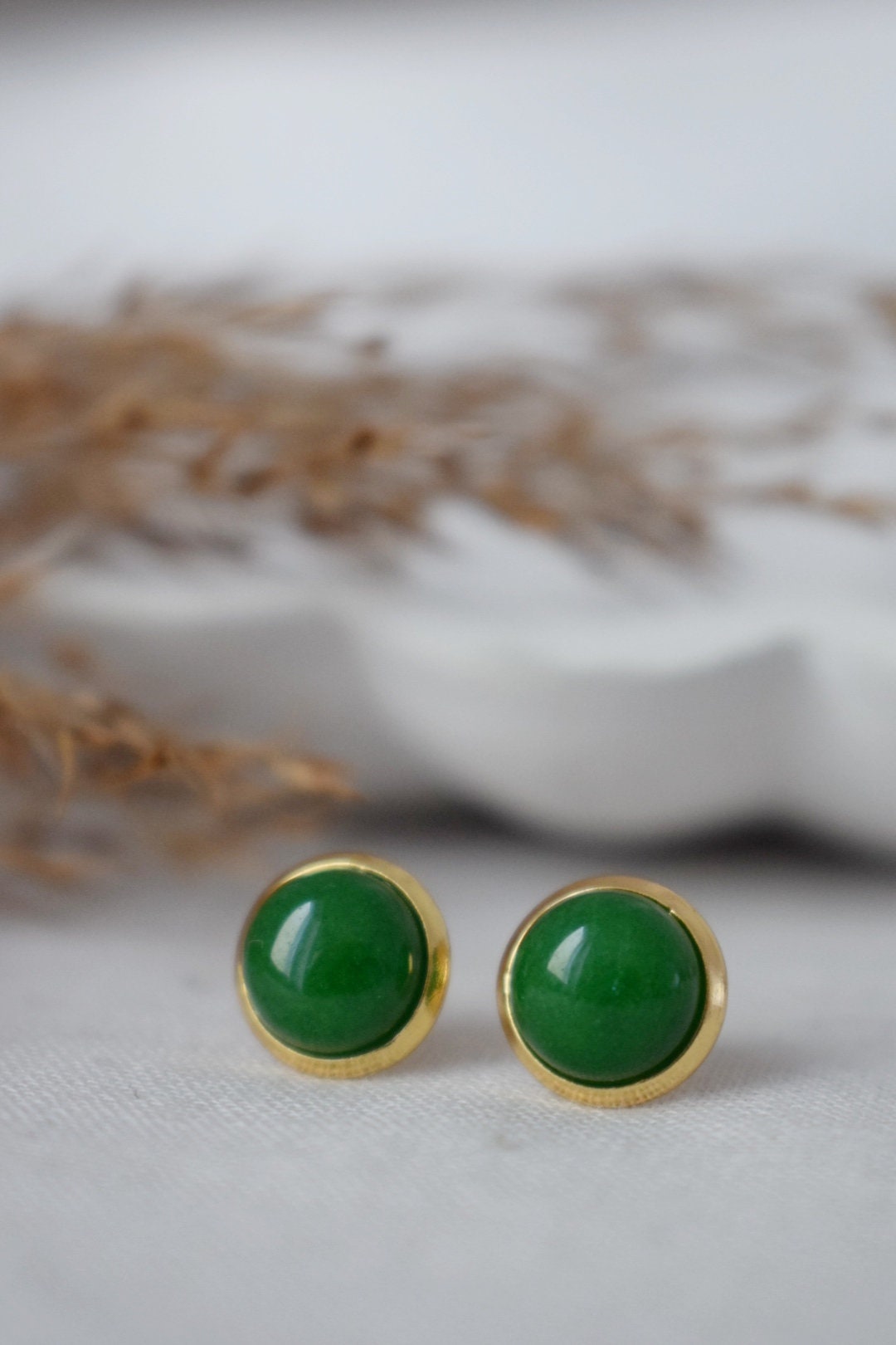 Green Jade Stud Earrings, 8mm Minimalist Gemstone Earrings, 18k Gold Plated Jewelry, Birthday Anniversary Gift For Her