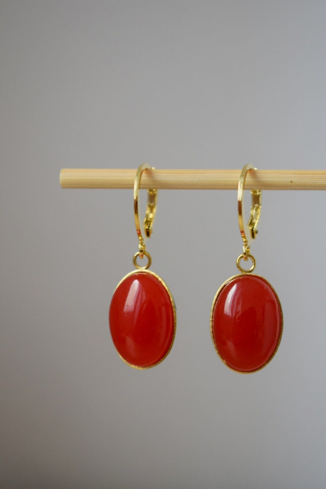 Jade red dangle earrings, Red gold gemstone huggie earrings, Hanging oval earrings, Red earrings for women, Jade jewelry, Gift for her