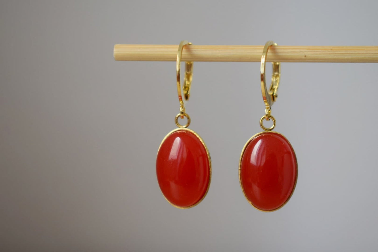 Jade red dangle earrings, Red gold gemstone huggie earrings, Hanging oval earrings, Red earrings for women, Jade jewelry, Gift for her