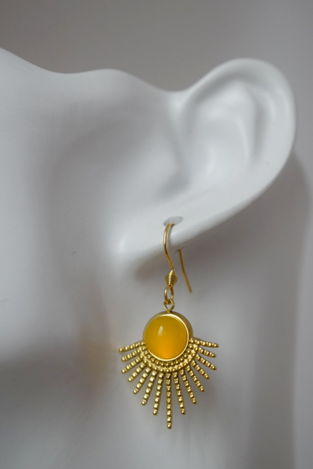 Sun earrings, Yellow agate earrings, Sun rays earrings, Sunburst, Gemstone earrings, Celestial, Gold plated glowing jewelry, Gift for her